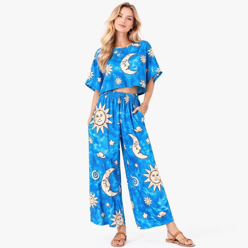 Caribbean Sun 2-Piece Celestial Set | Blue Sun & Moon Top + Pants | 100% Rayon |